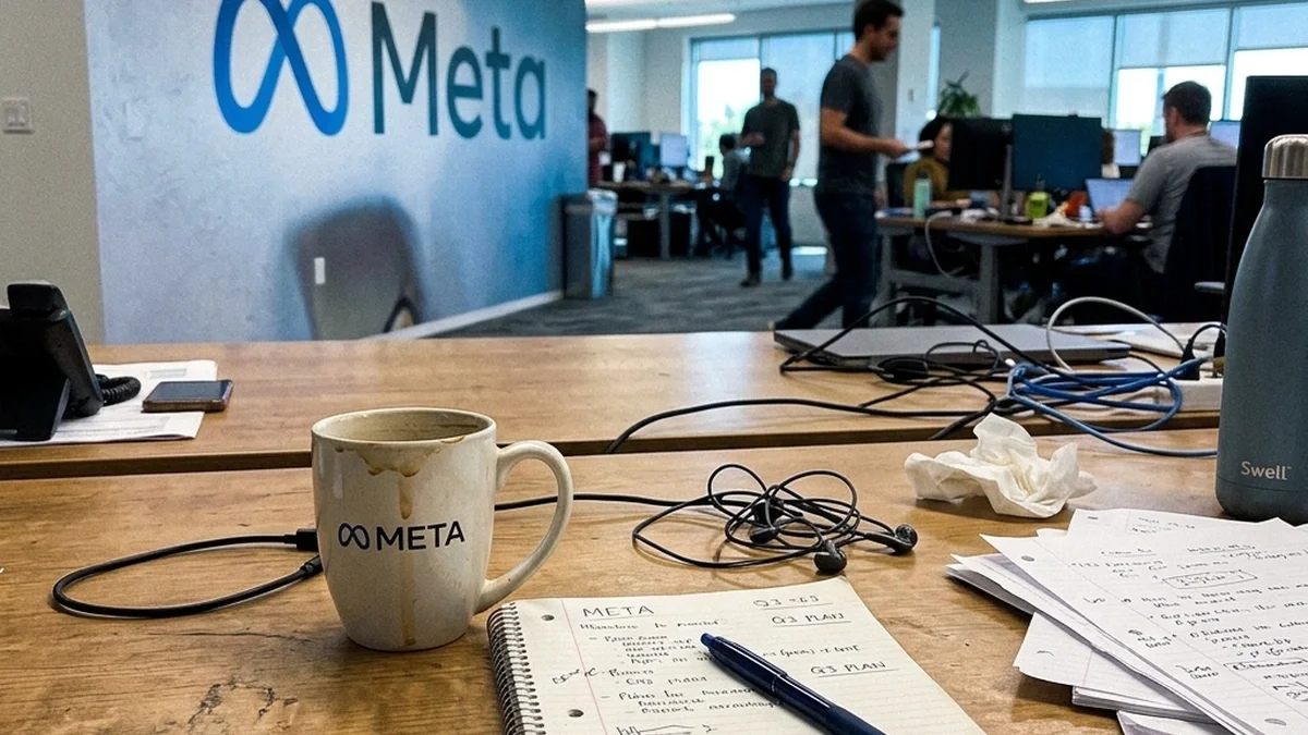 Foto amatoriale di un ufficio Meta con una scrivania vuota e il logo sullo sfondo